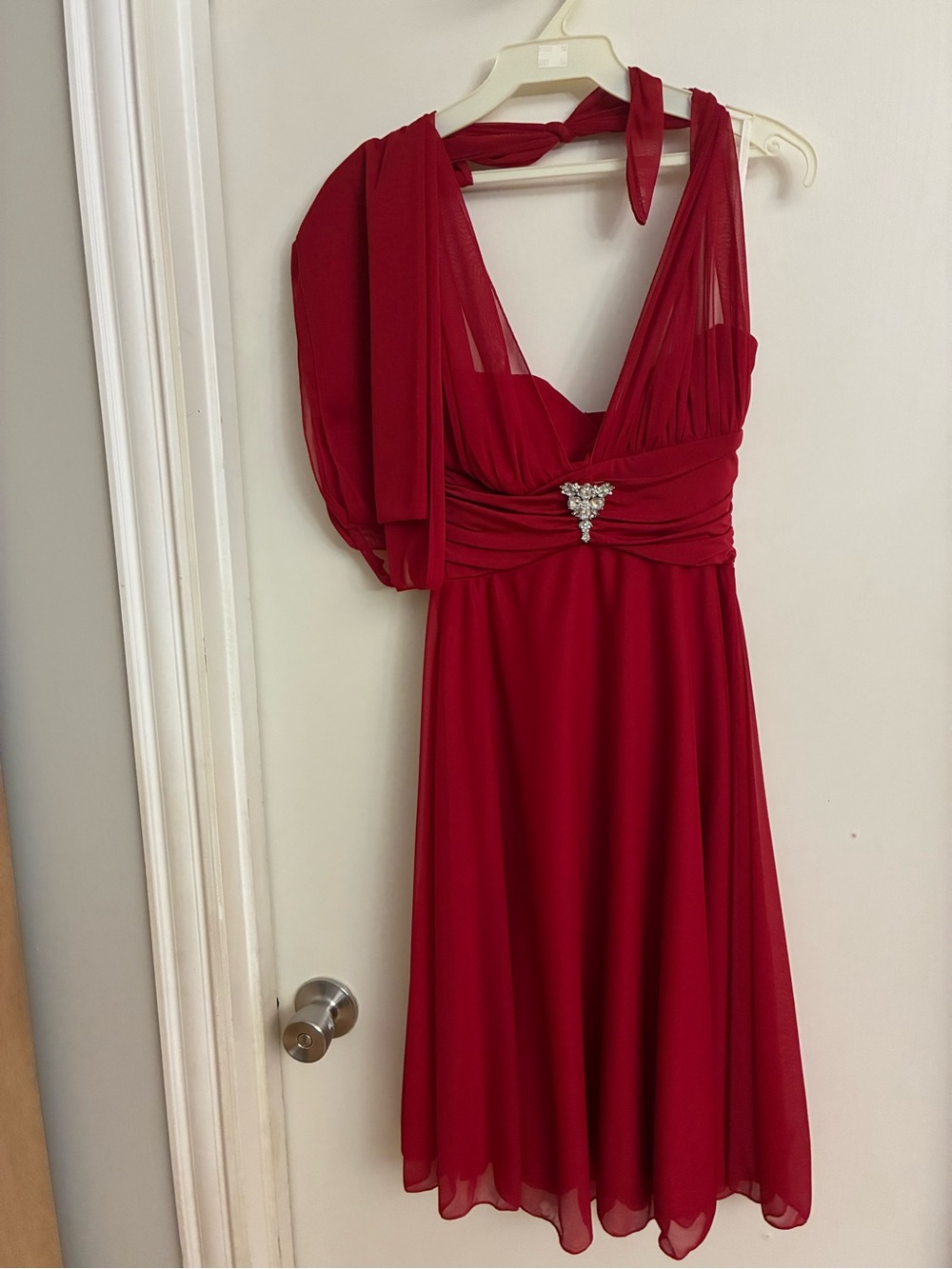 Red Chiffon Prom Dress with Rhinestone Detail